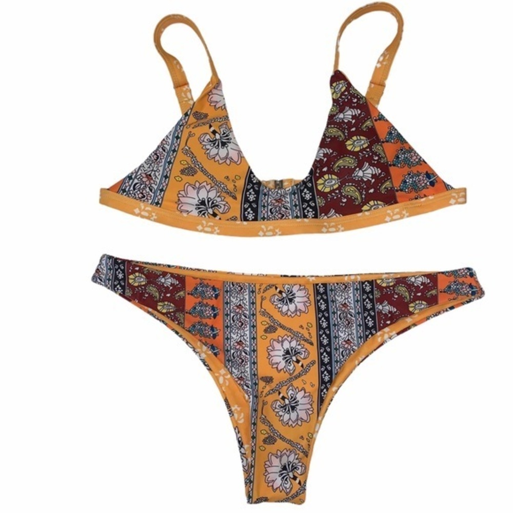Unbranded size S yellow, burgundy, & black floral reversible BOHO cheeky bikini